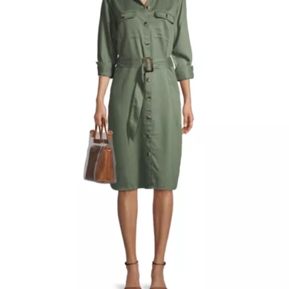 Time and Tru Olive Button-Front Midi Shirt Dress - Picture 3 of 6